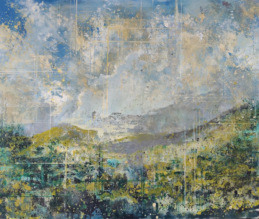 Pictorial composition in shades of blue, green, and ochre, with broad cloudy areas and atmospheric layering, evoking an expansive landscape with diffuse light and textured depth.