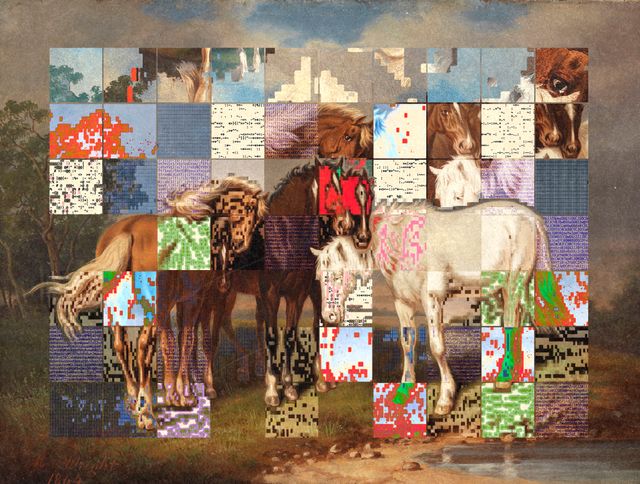 a horse painting, modified by grid ascii elements.